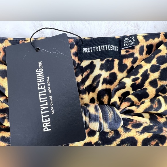 NWT: PRETTYLITTLETHING Leopard Puff Sleeve Strapless Bikini Top - Picture 5 of 10